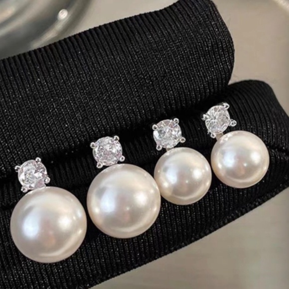 Sterling Silver Pearl Stud Earrings Tear Drop Diamond Stud Earrings Wedding Gift - Picture 2 of 2